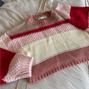Altered State crotchet sweater pink and red 
Cropped length